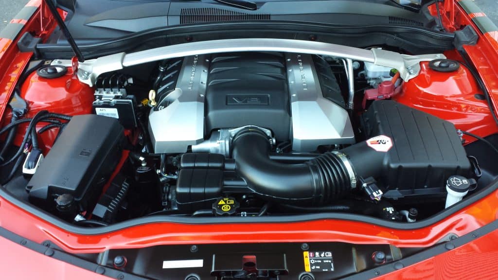 detailed engine bay of a red car